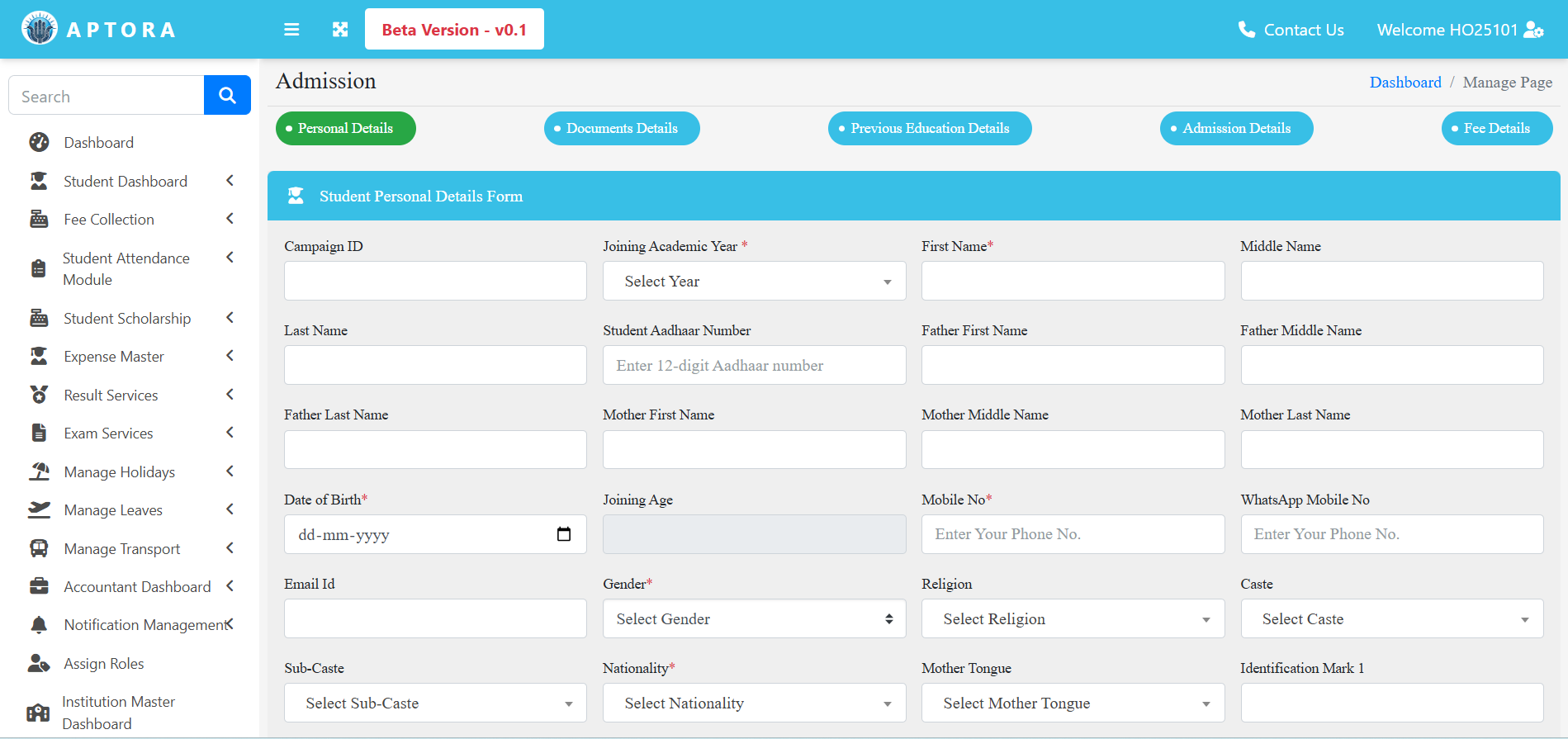 APTORA IMS admission management dashboard