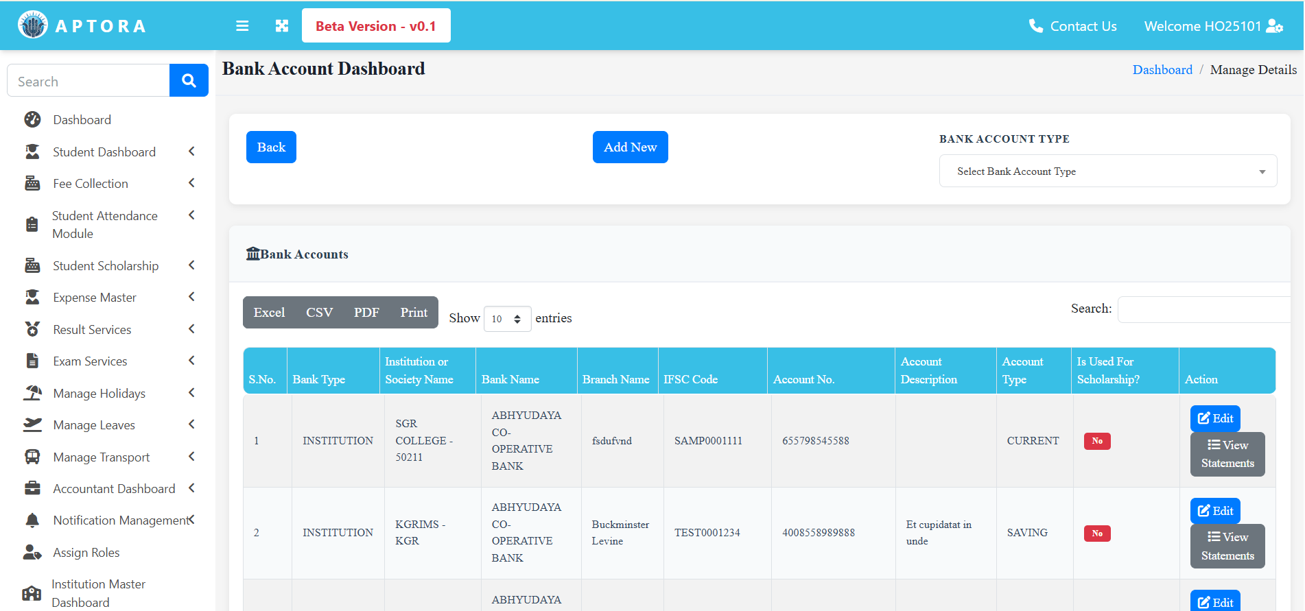 APTORA IMS fee and bank management dashboard